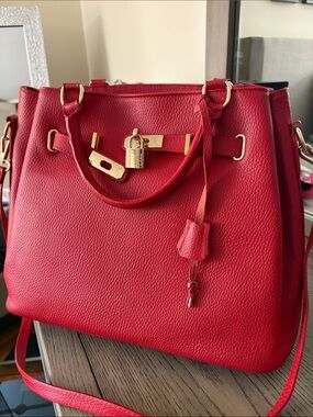 Red Pebbled Satchel with Gold-Tone Lock and Strap